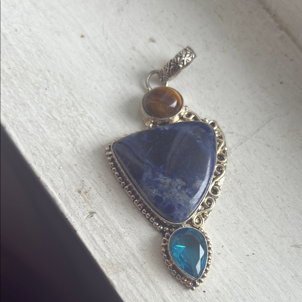 Tigers Eye, Sodalite & blue topaz pendant